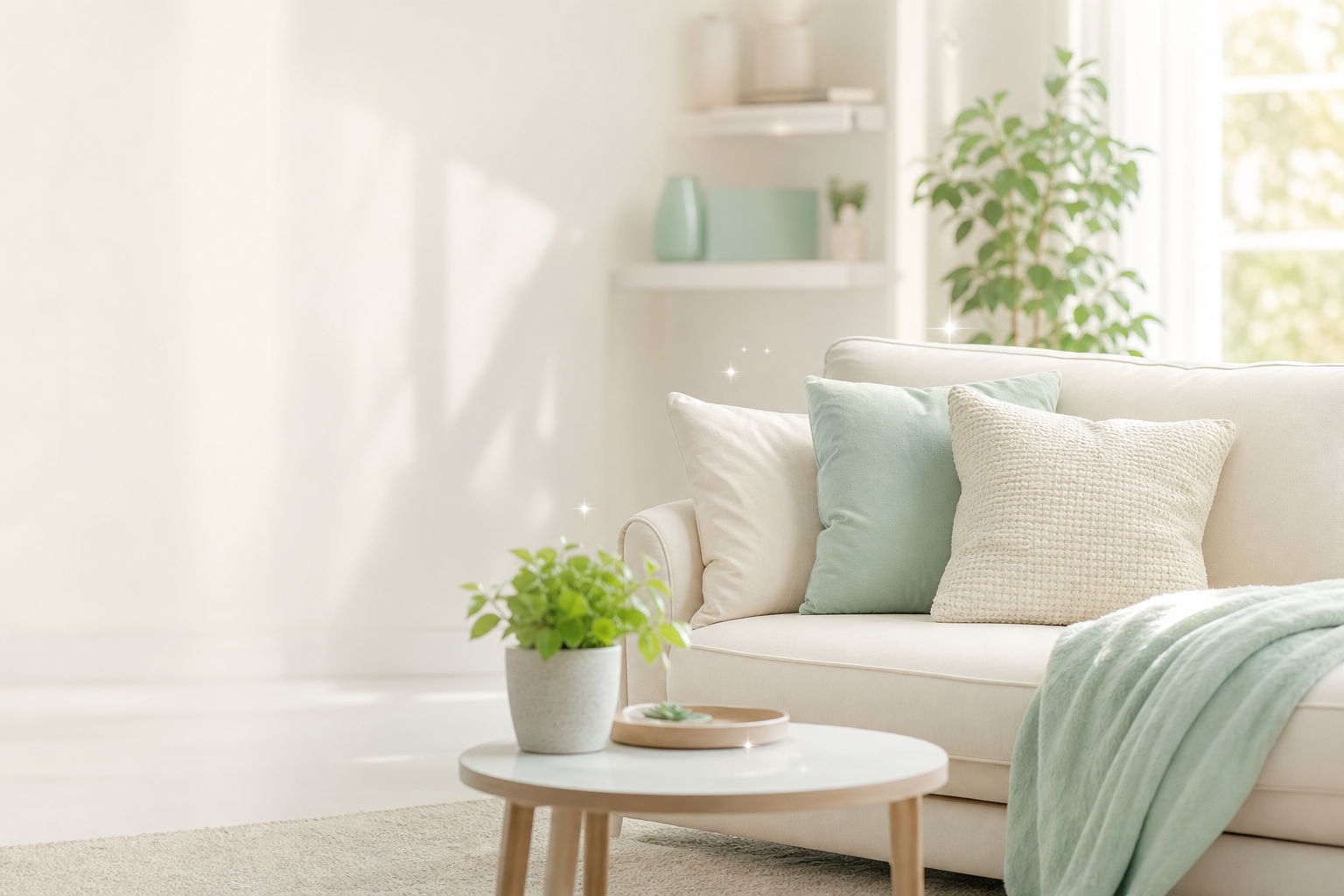 Bright, freshly cleaned living room with soft mint accents