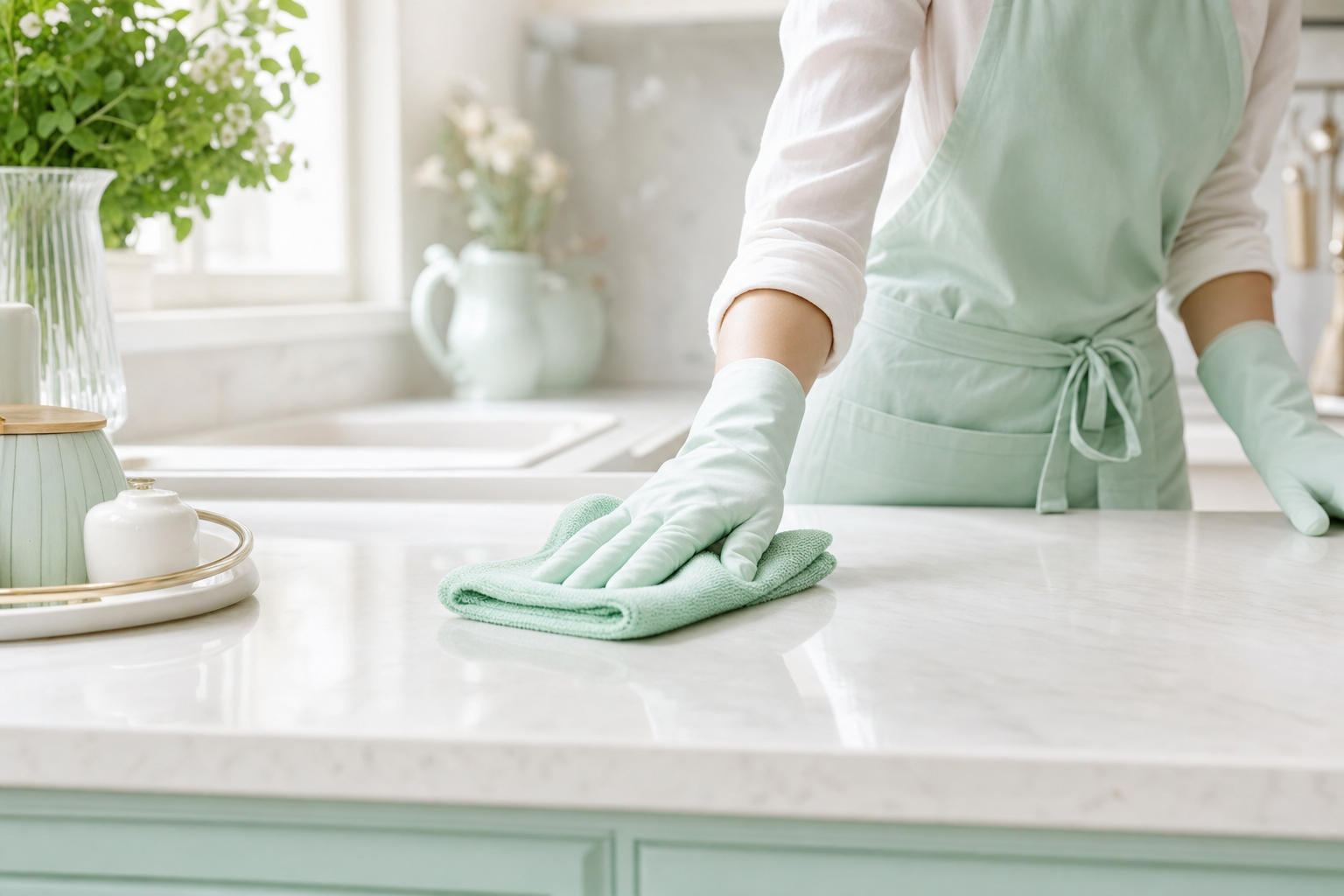 Cleanzy professional wiping a kitchen countertop